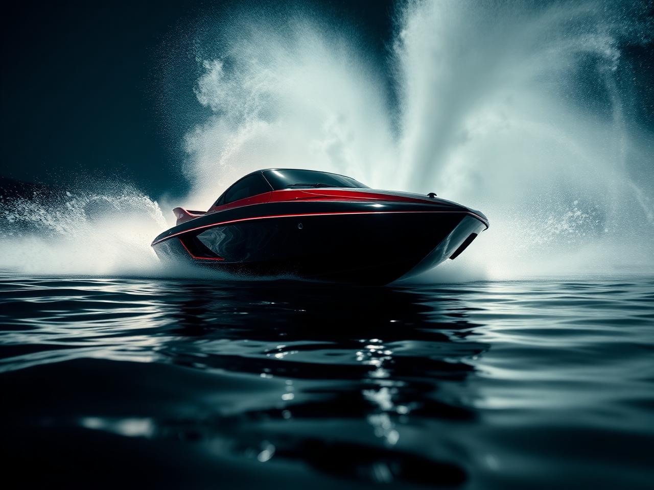 Exotic jet car throwing a wall of spray across Lake Norman