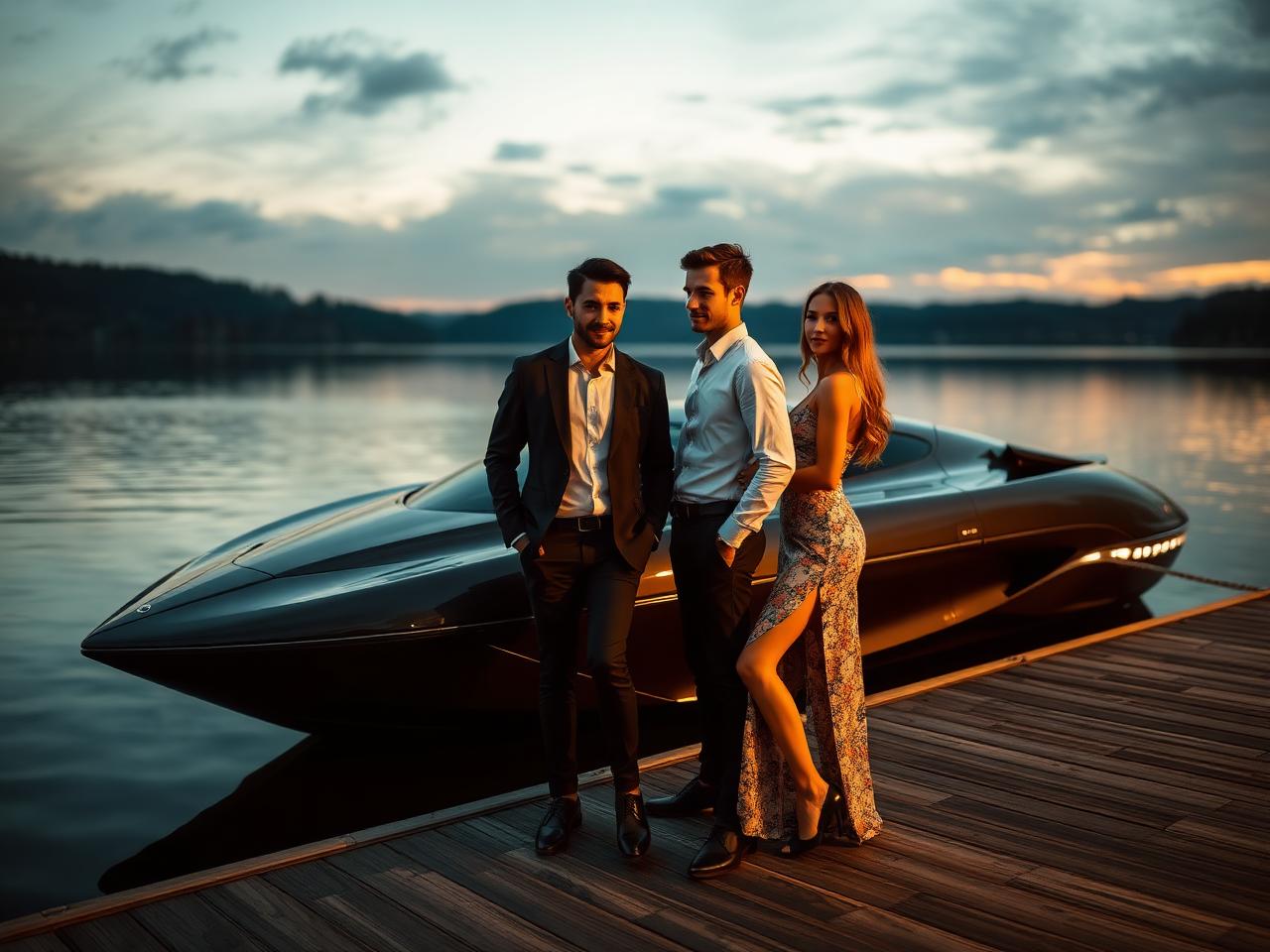 Couple posing dockside next to a glossy exotic jet car at dusk