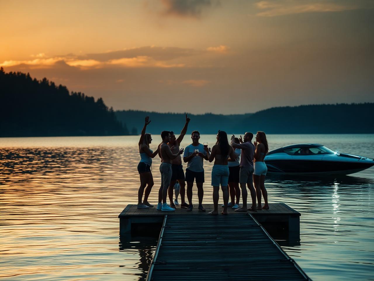 Group of friends celebrating dockside beside a jet car at sunset