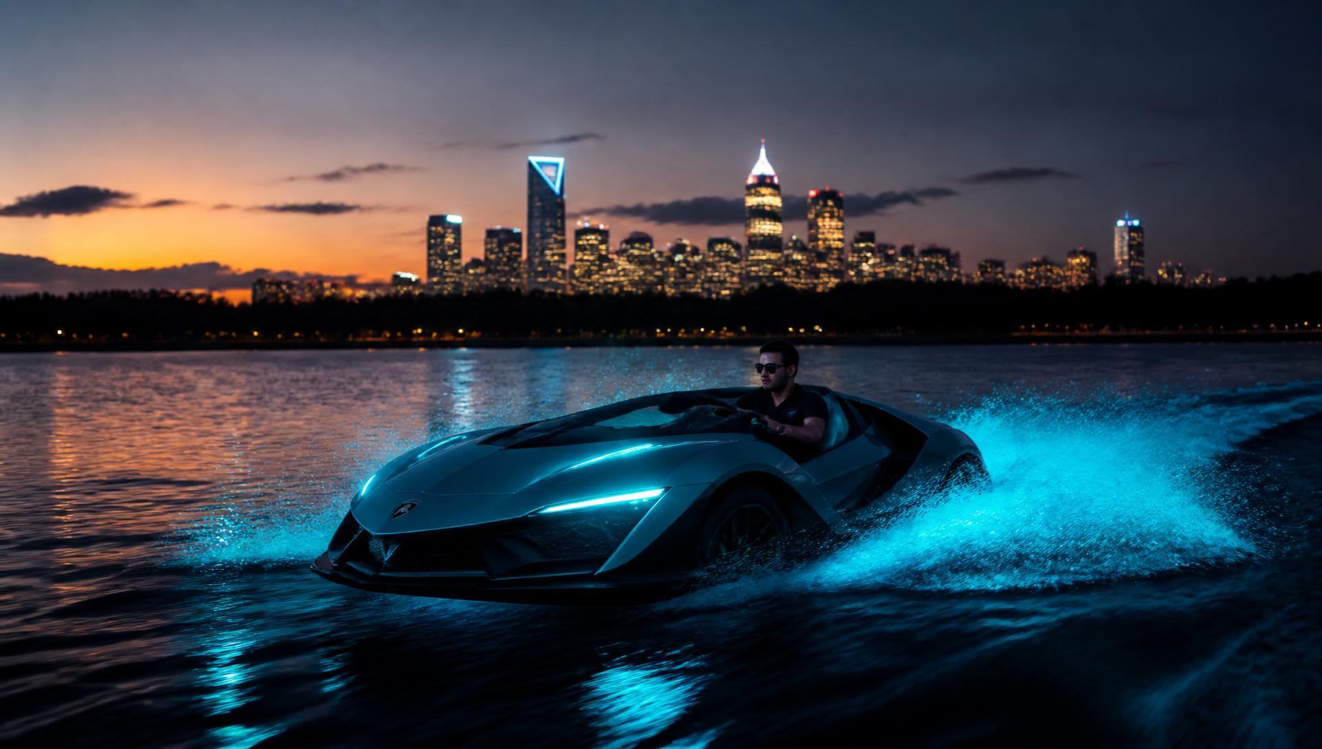 Exotic jet car cutting across Lake Norman at dusk with the Charlotte skyline behind it